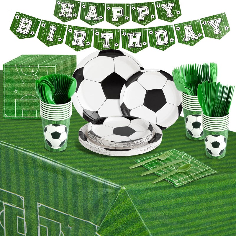BLUE PANDA 171-Piece Soccer Party Decoration Set - Serves 24, Green Soccer Ball Pattern - Includes Cups, Plates & Napkins - Birthday Banner & Tablecloth for Birthday Party Decoration - Image 1